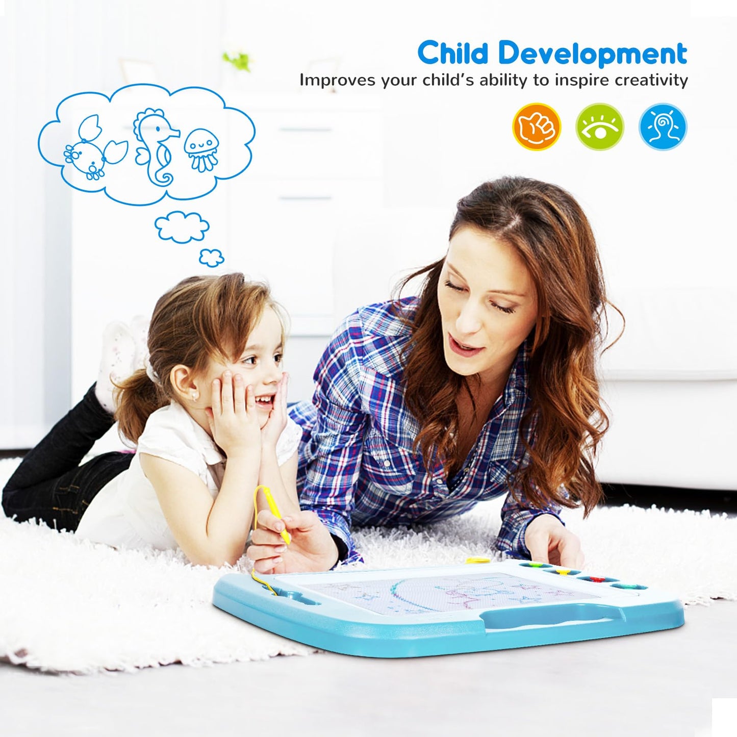 Sgile Large Magnetic Drawing Board - 4 Colors 16×13In Doodle Pad With 4 Stamps For Toddlers, Learning Toy Board Etch Sketch Gift For 36+ Month Kids Girls Boys, Light-Blue