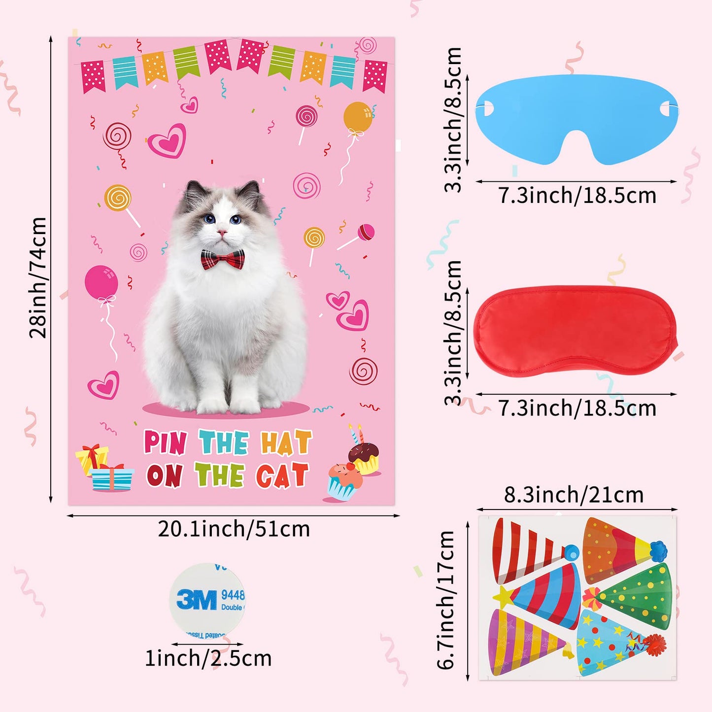 Pin The Hat On The Cat Party Game Cat Birthday Party Games For Kids, Cat Birthday Party Supplies Decorations For Girls Boys, Large Pin The Tail Poster With 54 Hat Stickers