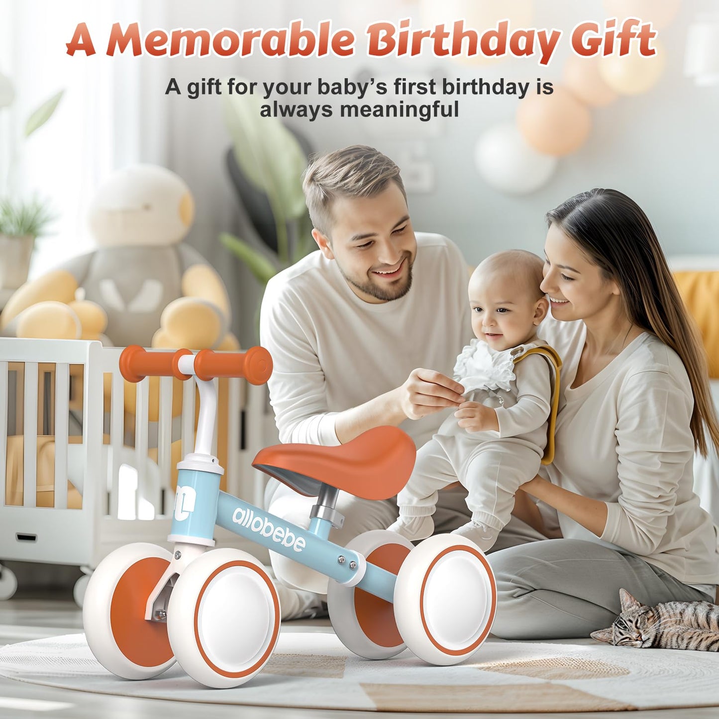 Allobebe Baby Balance Bike For 1 Year Old, Toddler Balance Bike, No Pedal Infant 4 Wheels Baby Walker First Birthday Gift, Mini