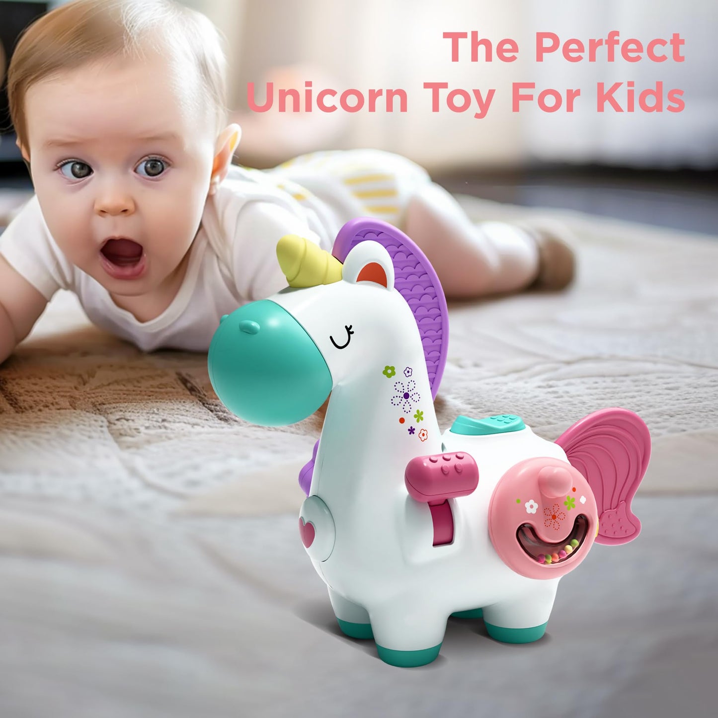 iPlay, iLearn Baby Unicorn Activity Cube, Pink Montessori Toy for 1-3 Years, Infant Sensory Development, Travel-Friendly