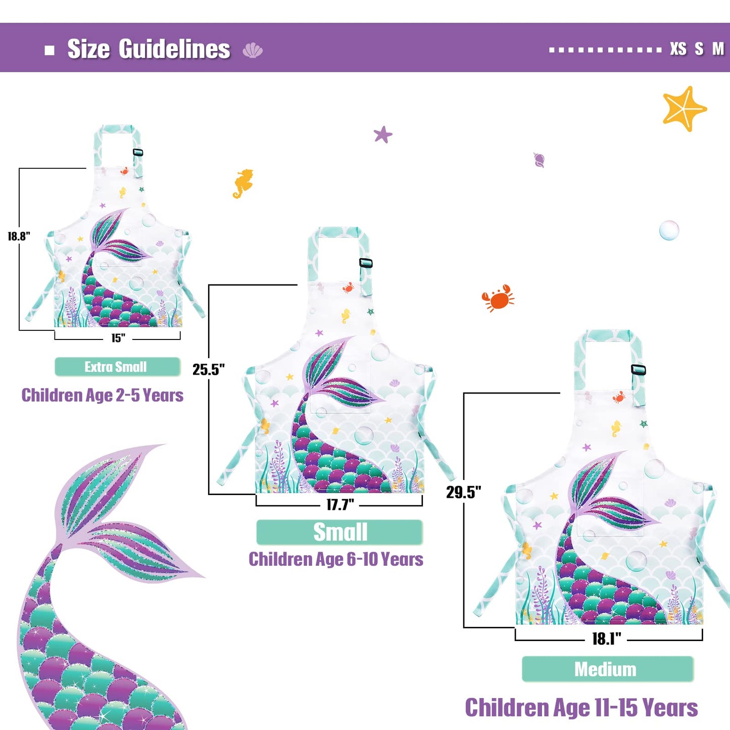 Wernnsai Mermaid Apron For Kids Girls Apron With Pocket Adjustable Strap Polyester Waterproof Baby Toddler Bib Aprons For Kitchen Cooking Gardening Painting Baking Parties(Extra Small,2-5 Years)
