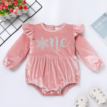 Winter Onederland Birthday Outfit: Snowflake First 1St Birthday Outfit Girl Baby Cake Smash Photoshoot Toddler Velvet Bubble Romper Socks Christmas Themed Party Supplies Pink Silver One 6-12 Months