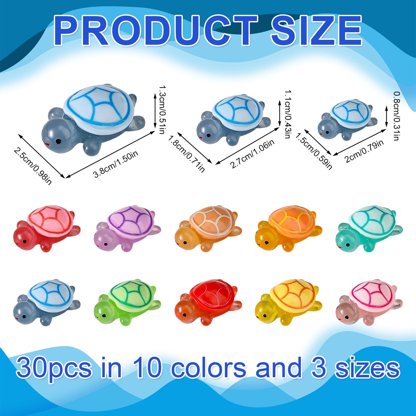 Lyreh 30Pcs Mini Resin Turtles, 3 Sizes Miniature Tiny Cute Figurines 10 Colors Glow In The Dark Micro Figures Small Resin Anima
