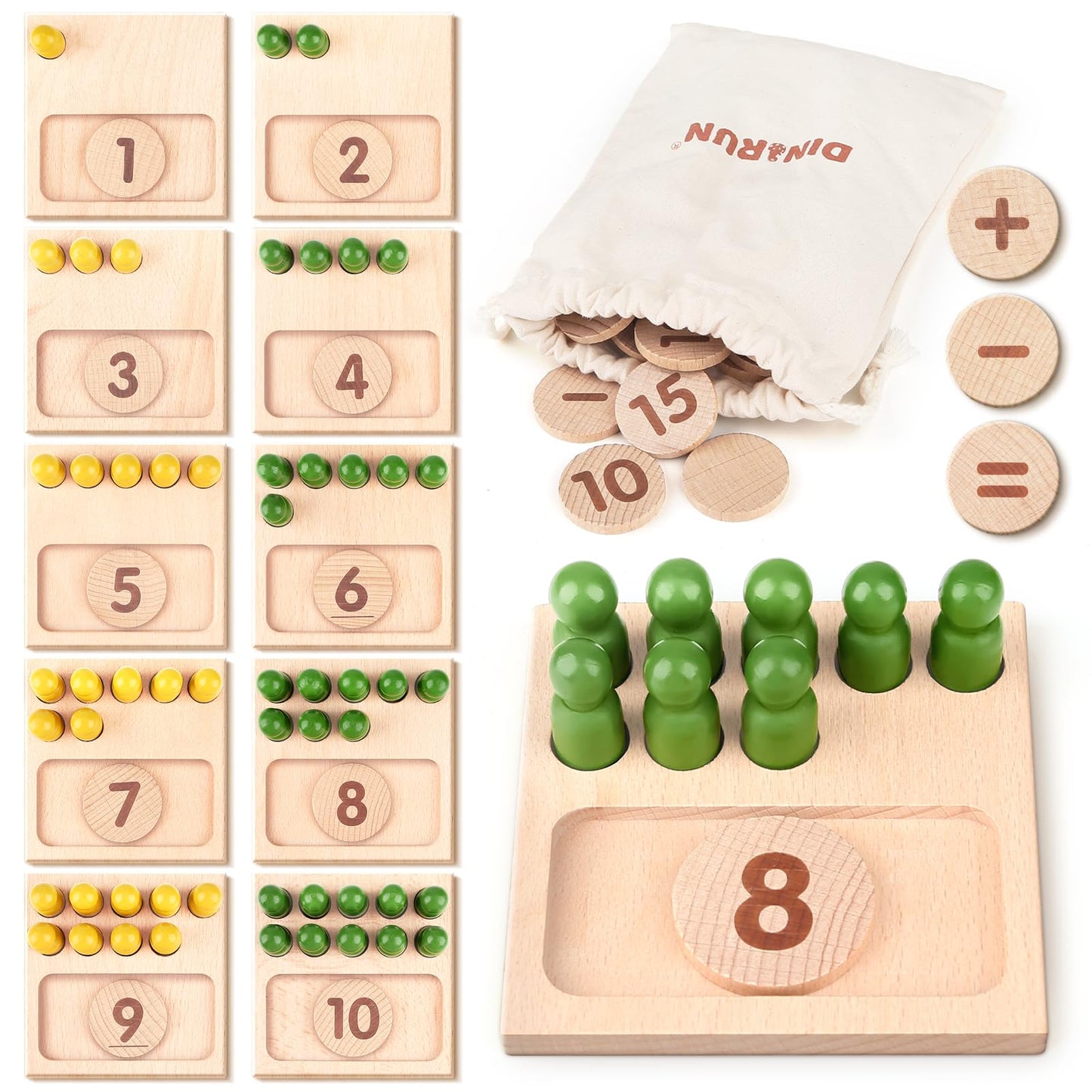 Dinorun Educational Toys For 3 4 5 Year Old Boy Girls Gifts - Preschool Learning Math And Numbers For Toddler 2-4 - Math Manipulatives For Kids 3-6 - Montessori Wooden Counting Peg Board Materials