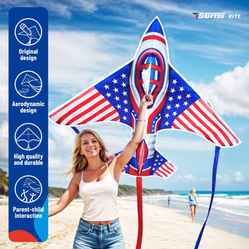 Flag Airplane Kite Easy To Fly Kids Kites For Ages 3-5, Huge Size Durable Beach Kite For Family Outdoor Games & Activities, Perf