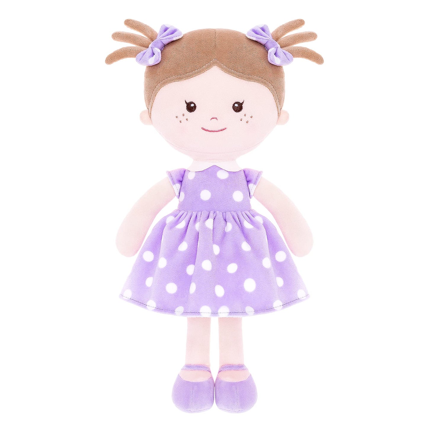 Onetoo Plush Rag Doll First Baby Doll Soft Baby Doll Sleeping Cuddle Buddy Doll For Girls Wear Purple Polka Dot Dress 14'(Milly Series)