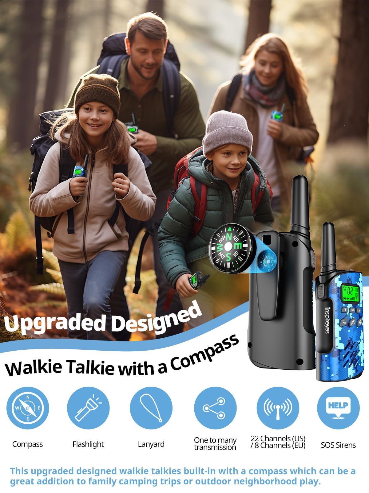 Inspireyes Rechargeable Walkie Talkies for Kids, 2 Pack Camo with Compass, 48 Hours Range Radio, Outdoor Toy Gift for Ages 5-12