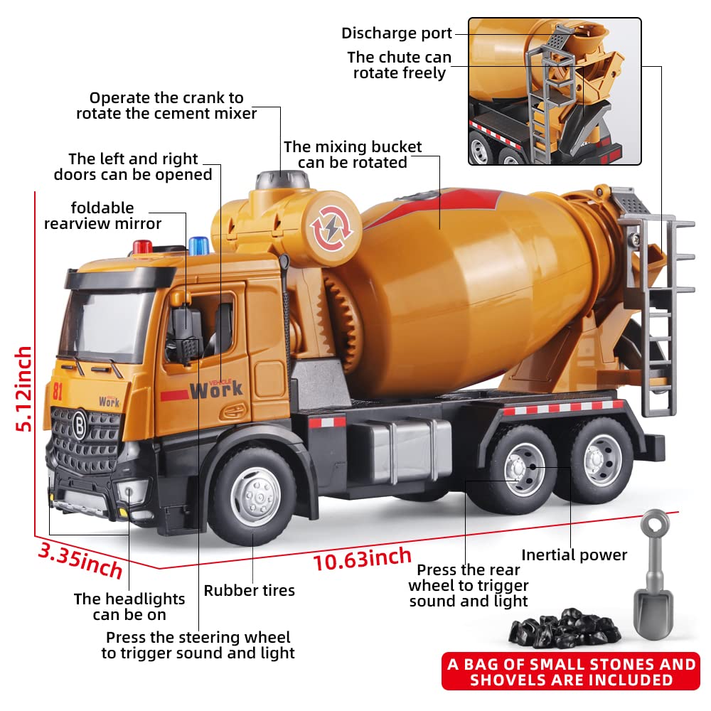 OANMYJJO Metal Cement Mixer Truck Model with Simulated Sounds and Lights, Construction Truck Toy for Boys Ages 3 and Up