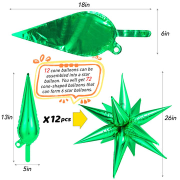 Green Star Balloons,72 Pcs Big 26 Inch Explosion Star Foil Balloons, 12 Point Spike Balloons Party Decoration Supplies For Dance