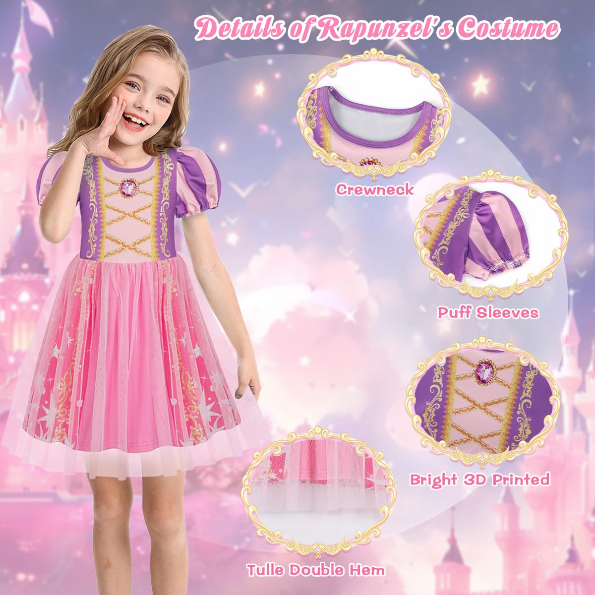 Benylion Princess Dress for Girls Kids Halloween Dress Up Clothes Pretend Play Birthday Purple Dress up Clothes for Kids Age 7-8