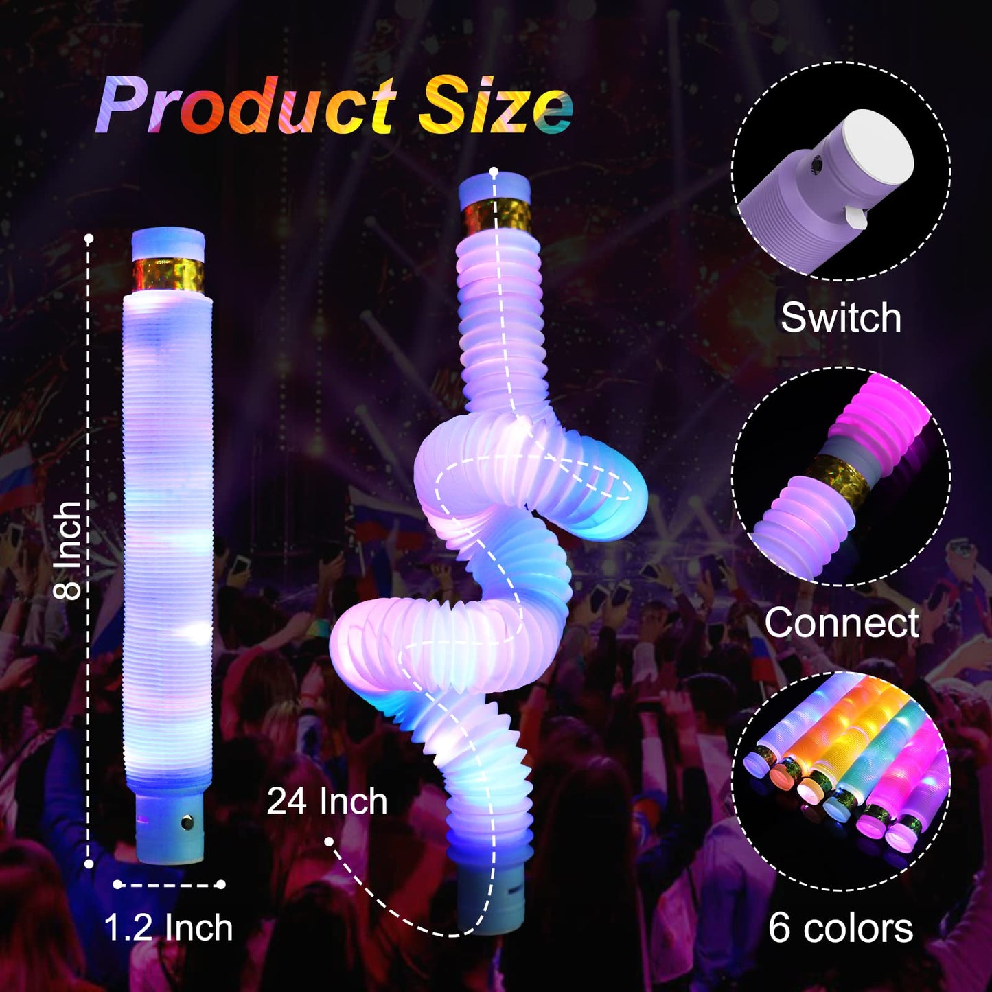 LITFP Light Up Pop Fidget Tubes - 12 Pack Glow in The Dark Party Favors, Sensory Toys for Kids, Multiple Colors, Model SGD252412