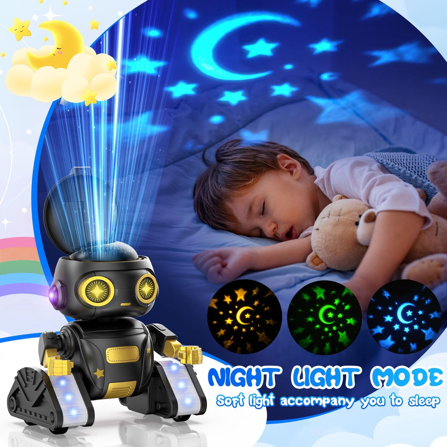 Baiwu Robot Toys For Kids,Rc Robot With Gesture Sensing & Led Eyes,Star Projector And Music,Boys & Girls Toys For 6+ Age(Black)