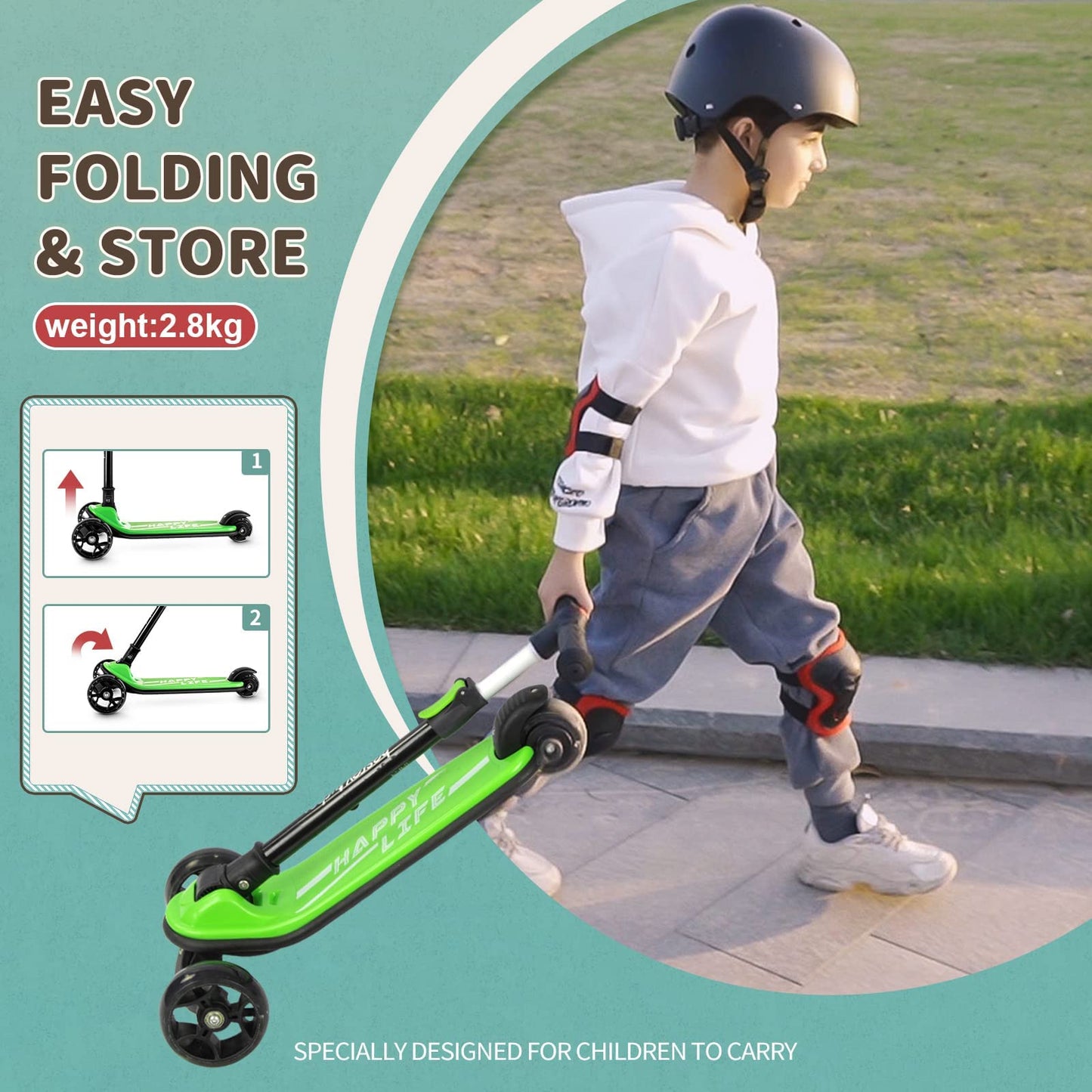 Besrey Kick Scooter For Kids Ages 3-10, 3 Wheel Scooter For Kids With Adjustable Height, Folding Kids Scooter With Led Light Wheels Rear Brak Extra Wide Deck Outdoor Activities For Boys/Girls (Green)