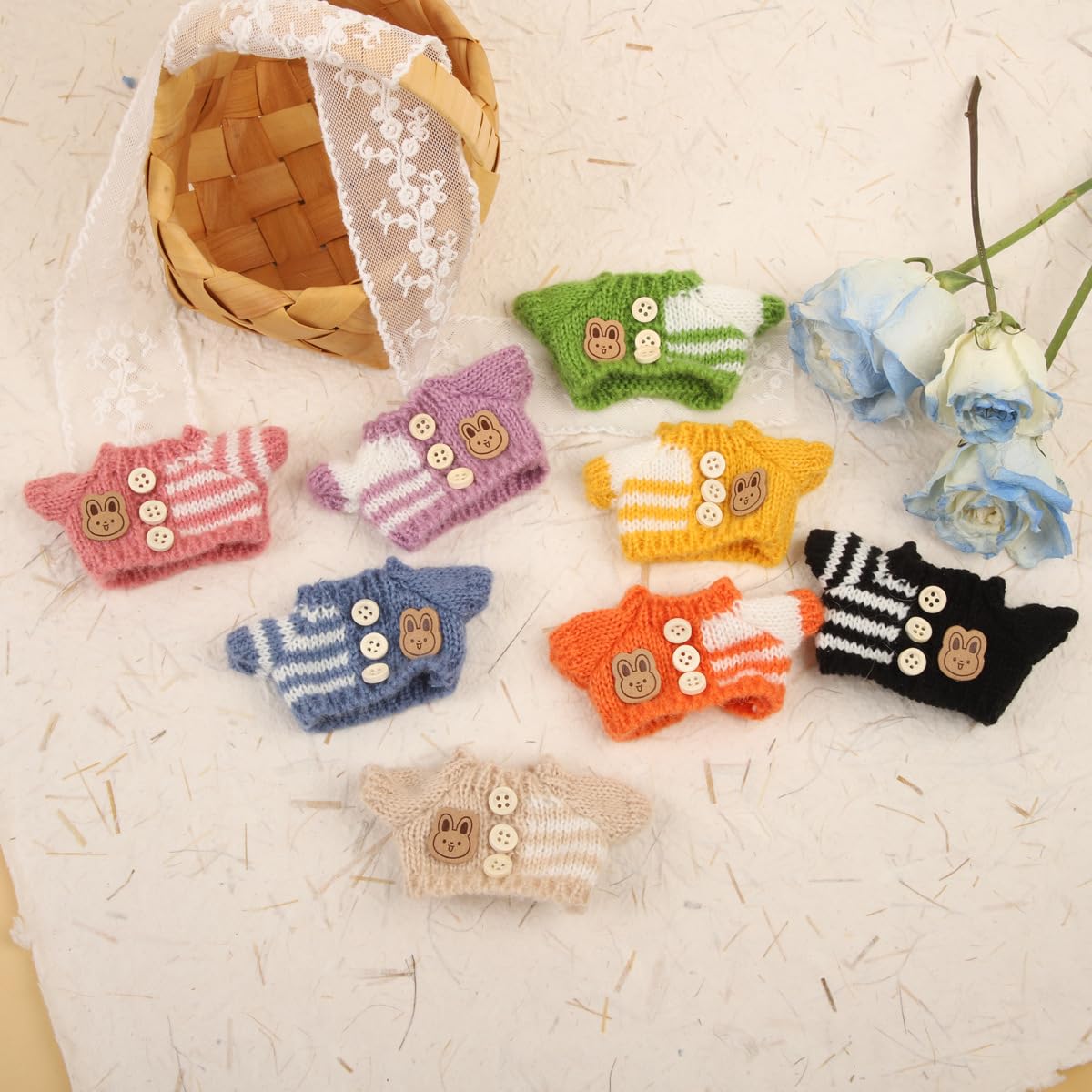 Clothes for LABUBU Doll (NO Doll) Handcrafted Crochet 3-Piece Accessories for LABUBU 17cm Dolls enhanced Outfit - Bunny Sweater + Hat + Bag Cute Clothes for Dress up Unique Style (Beige)