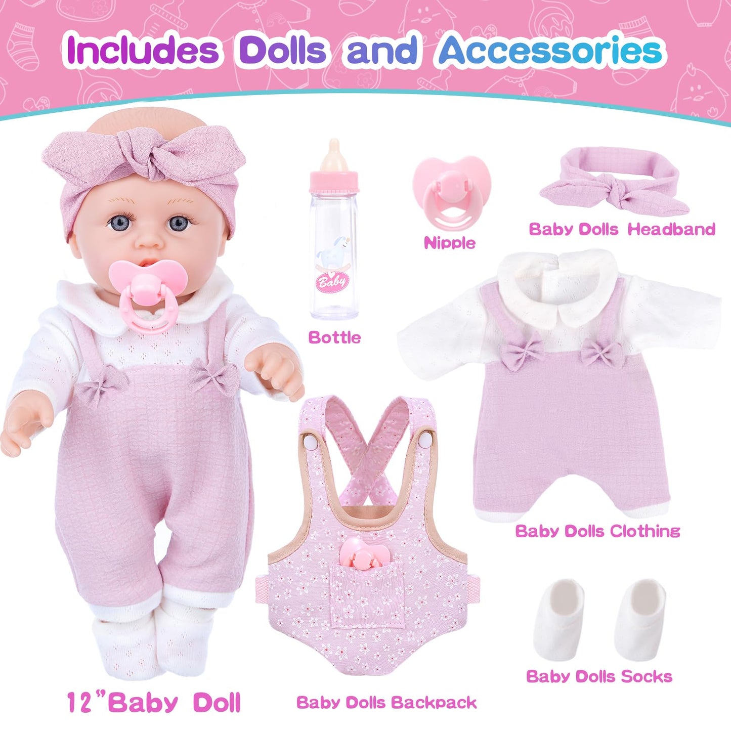 Bddoll 12 Inch Baby Doll Playset With Clothes And Dolls Carrier Accessories Included Baby Carrier, Bottles, Nipple, Socks, Headbands