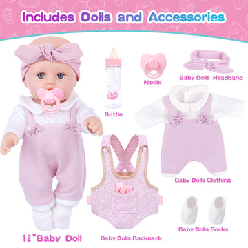 BDDOLL 12 Inch Baby Doll Playset with Carrier, Bottles, Socks & Headbands, Pink, Model YDS017