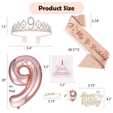 9th Birthday Decorations for Girls, Including 9 year old Birthday Cake Topper, Birthday Queen Sash with Pearl Pin, Sweet Rhinest