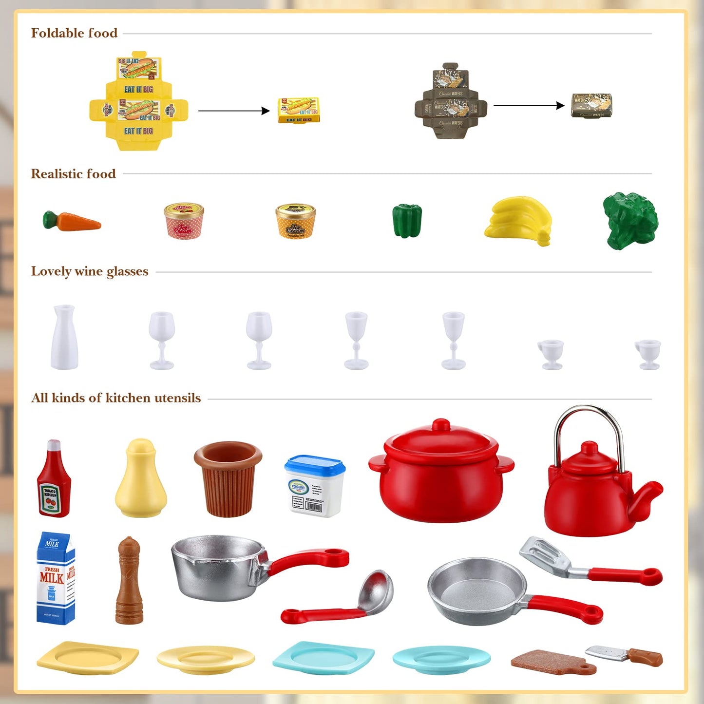 43 Pcs Dollhouse Furniture Kitchen Play Set Miniature Refrigerator With Mini Food Pots And Pans Set Pretend Play Kitchen Accessories Toys