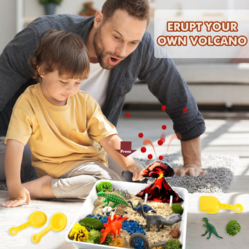 Dinosaur Sensory Bin For Toddler Sensory Toys,Two Sandboxes Sensory Bin Filler With Pom-Pom Volcano Dinosaurs Fossil Dig, Stem P