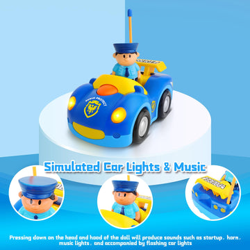 1 Pack Cartoon Remote Control Cars - Police Car & Race Car for Toddlers 2-4 Year RC Distance 164 Feet with LED Lights & Music, T
