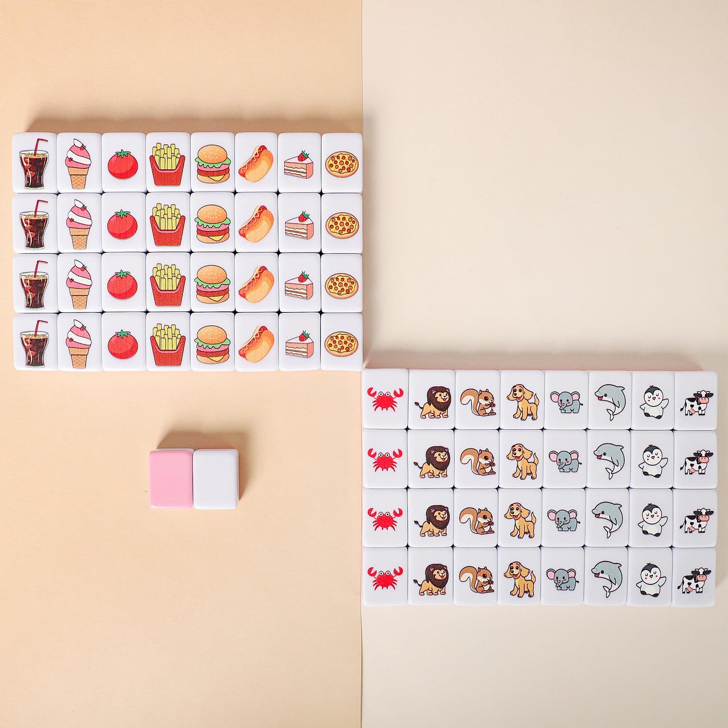 Gracias 2 Players Mahjong Block Set, Mahjong Tile Game With 66 Premium Pink Tiles(30Mm) Animal And Food Pattern, Portable Mahjon