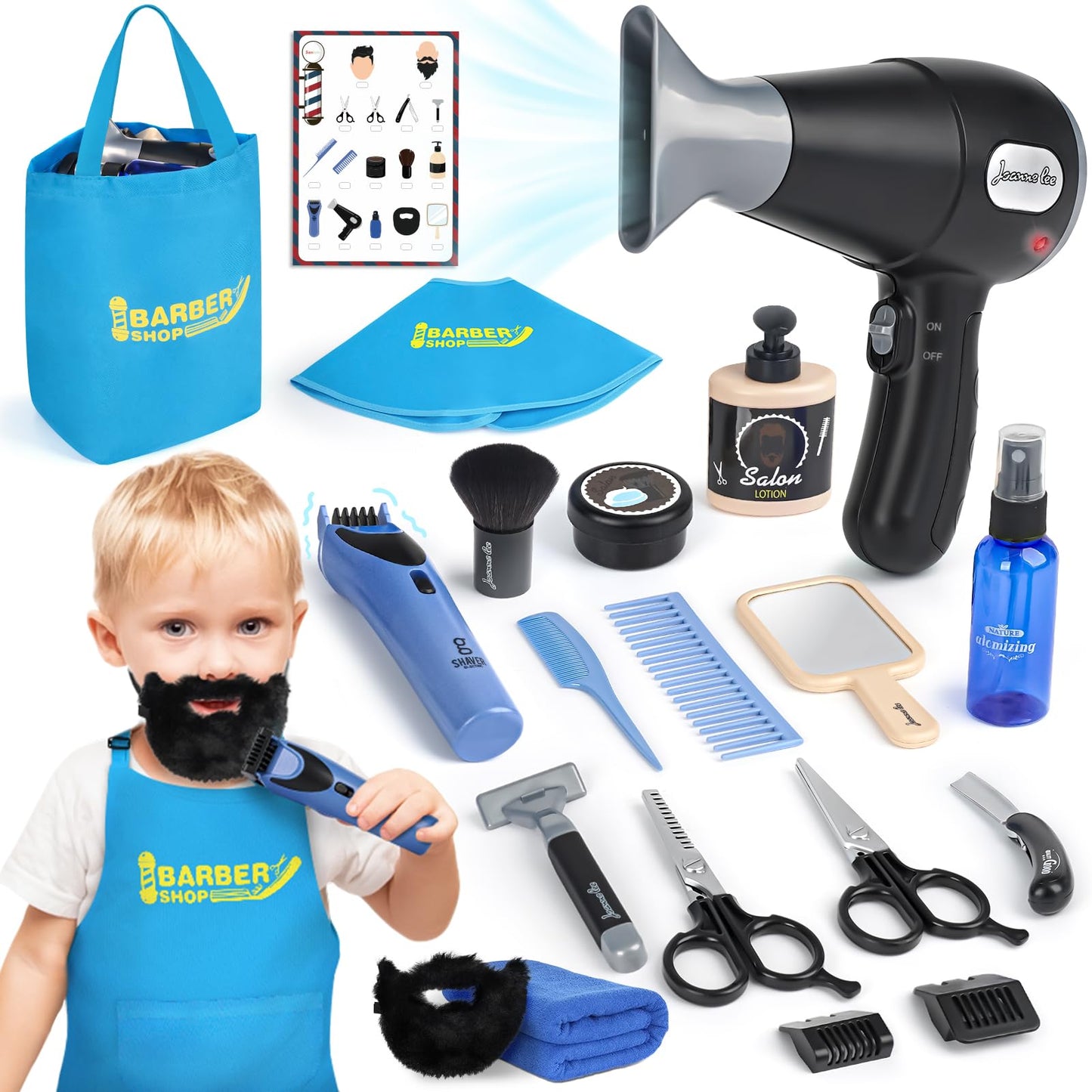 Barber Shop Pretend Play Toy, Kids Hair Salon Toys, Kids Shaving Kit for Boys Ages 3+ with Blow Dryer, Electric Shaver Toys, Too