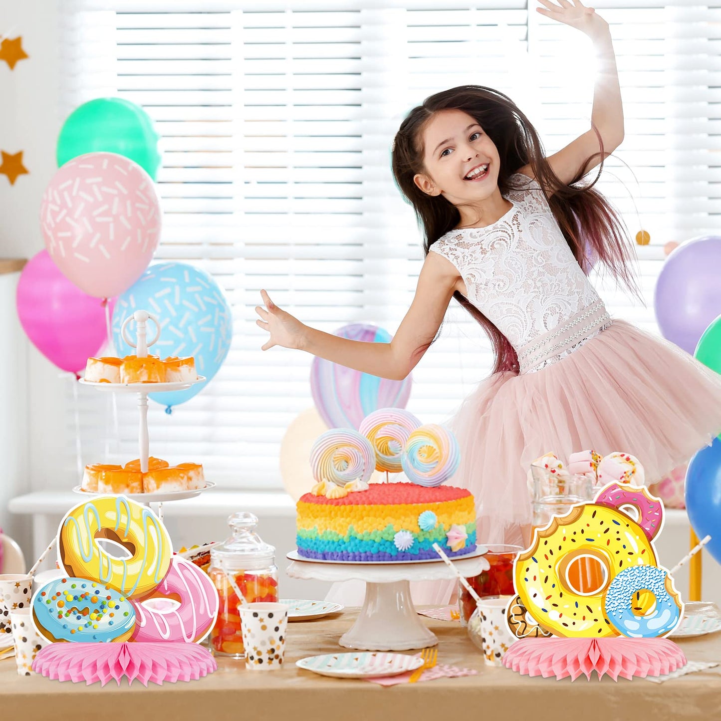 11 Pieces Donut Table Decorations Include 8 Pieces Honeycomb Donut Centerpieces for Party 3 Pieces Donut Cardboard Stand up for