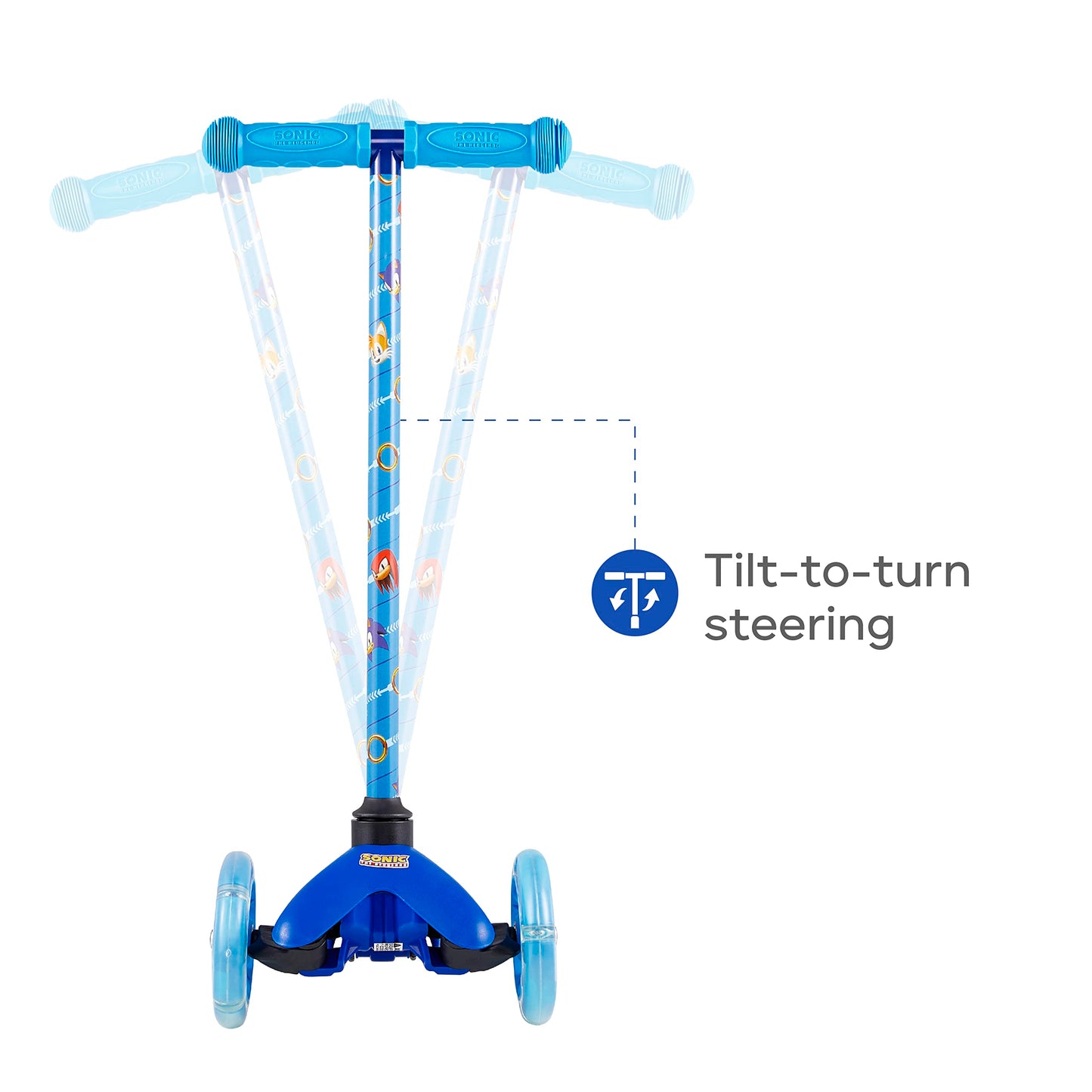 Sakar Sonic The Hedgehog Light Up Self Balancing Scooter For Kids - 3 Wheeled Scooter With Extra Wide Anti-Slip Deck, Rear Brake, Lean To Steer, Lightweight Design, For Boys/Girls 3 & Up, 75 Lb Limit