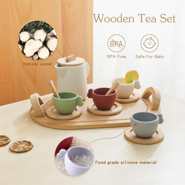 Wooden Tea Set for Little Girls, Enchanting Tea Party Set Silicone Tea Set Teapot Cups Carrying Scoop Kids Kitchen Accessories T