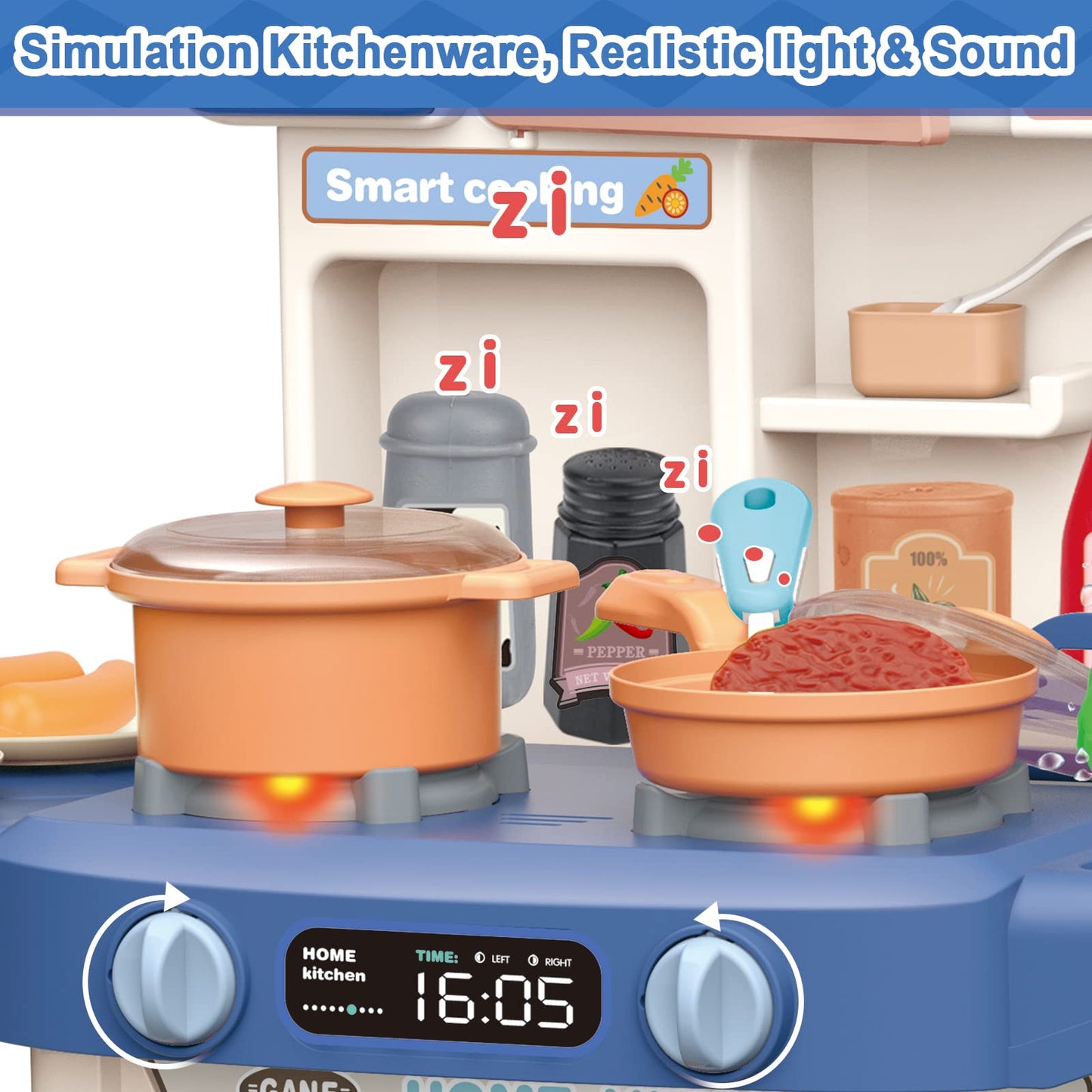 deAO Kids Kitchen Playset 35PCS Play Kitchen Toys Accessories with Sounds Lights,Cooking Stove Steam,Pretend Play for Toddler Ag