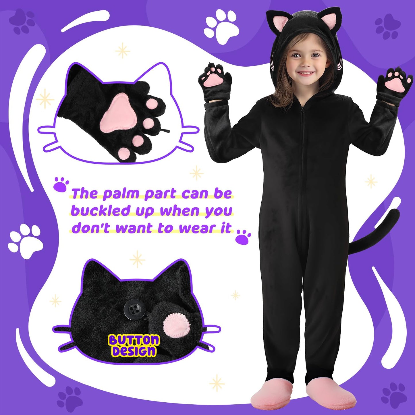 Giftinbox Cat Costume For Girls, Zip-Up Hooded Onesie Black Cat Costume For Kids Dress Up, Role Play Halloween Costumes For Kids Girls 5 6 7 8 9 10 11