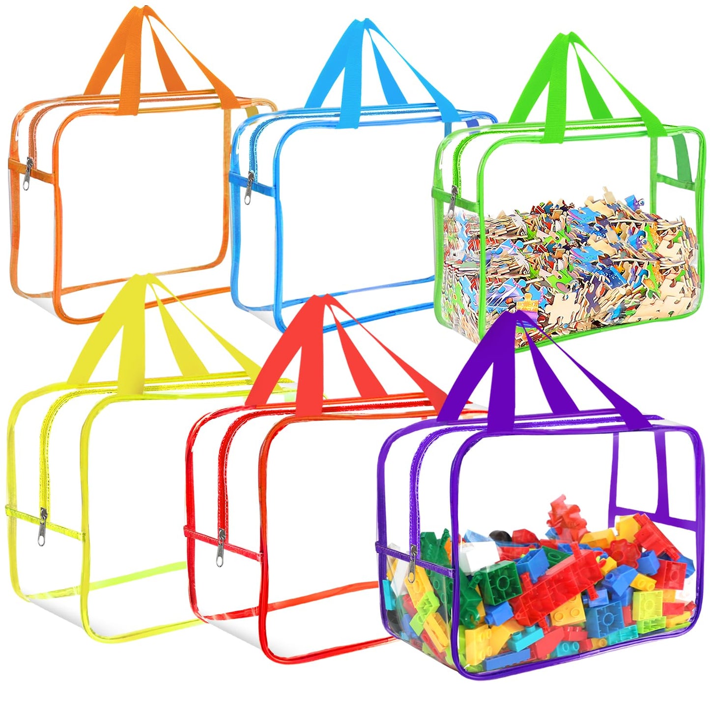 6 Colors Large Toy Storage Bags with Labels, Reusable Clear PVC Board Game Storage, Travel Waterproof Organizer Bags with Zipper