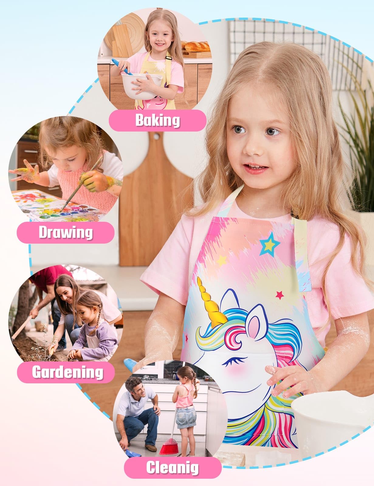 Wernnsai Kids Aprons - Unicorn Art Aprons For Girls Kids Waterproof Toddler Chef Aprons Cooking Baking Painting Gardening Apron For Kids With Pocket Kitchen Classroom Art Smocks Age 2-5 Years