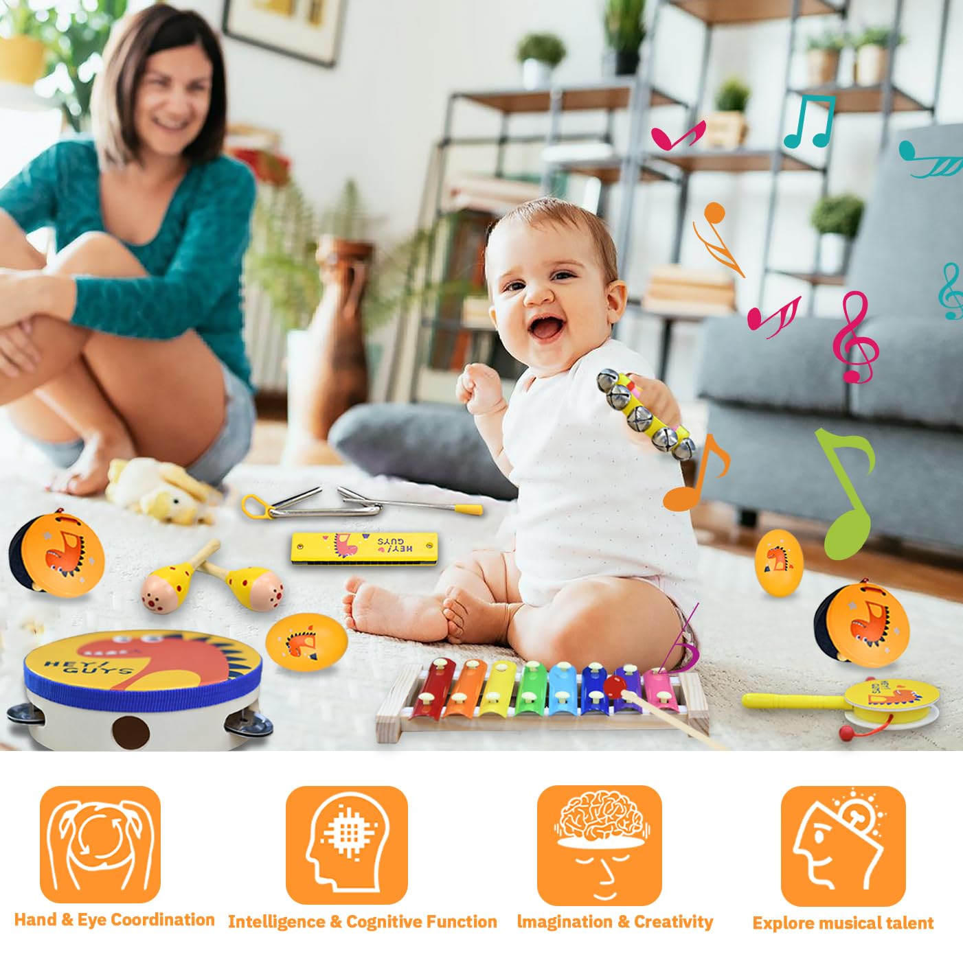 Toddlers Musical Instruments For Baby 1-3,Wooden Music Toys Set | Percussion Drum,Xylophone,Maracas Shakers,Tambourine | 14 Pcs