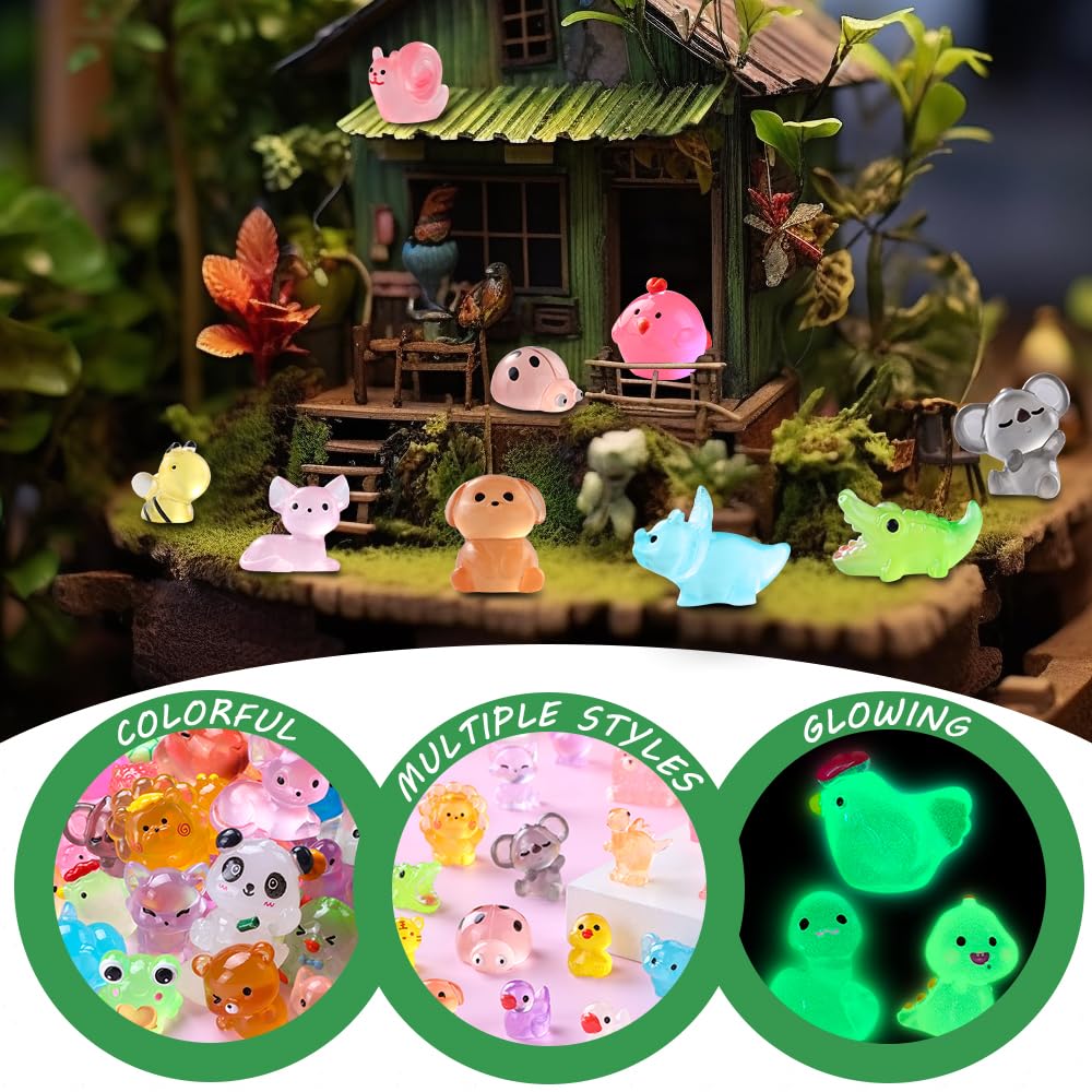 Diydec 60Pcs Luminous Mini Resin Animals 60 Styles Miniatures Glow In The Dark Tiny Little Figures To Hide Small Duck Figures Fo