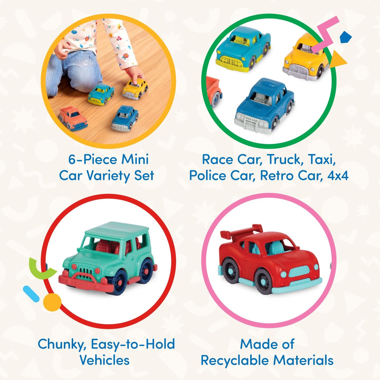 Battat- Wonder Wheels- Set of 6 Mini Toy Cars For Kids - Race Car, Truck, Taxi, Police Car, Retro Car, 4x4 - Pretend Play- Recyc