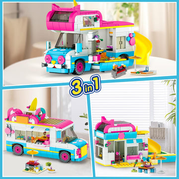 Cubimana 3-In-1 Cat Car Building Set, Girls Camper Van Building Block Sets, Ice Cream Truck City Bus Building Toys With Slide An