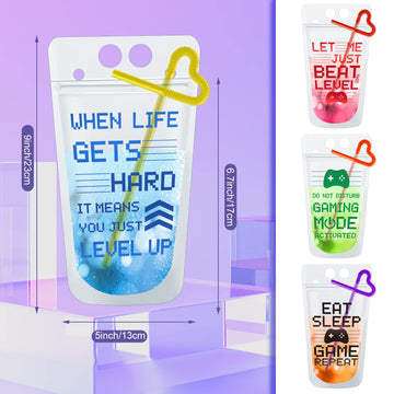 Video Game Party Favors Drink Pouch Cups With Straws Plastic Drink Pouches Clear Zipper Bags Reusable Drink Pouches For Birthday
