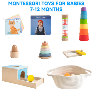 Woodmam Montessori Toys For Babies 6-12 Months, 9 In 1 Educational Wooden Toys Set, Includes Object Permanent Box, Stacking Cups, Mirror Puzzle, Ring Stacker And More