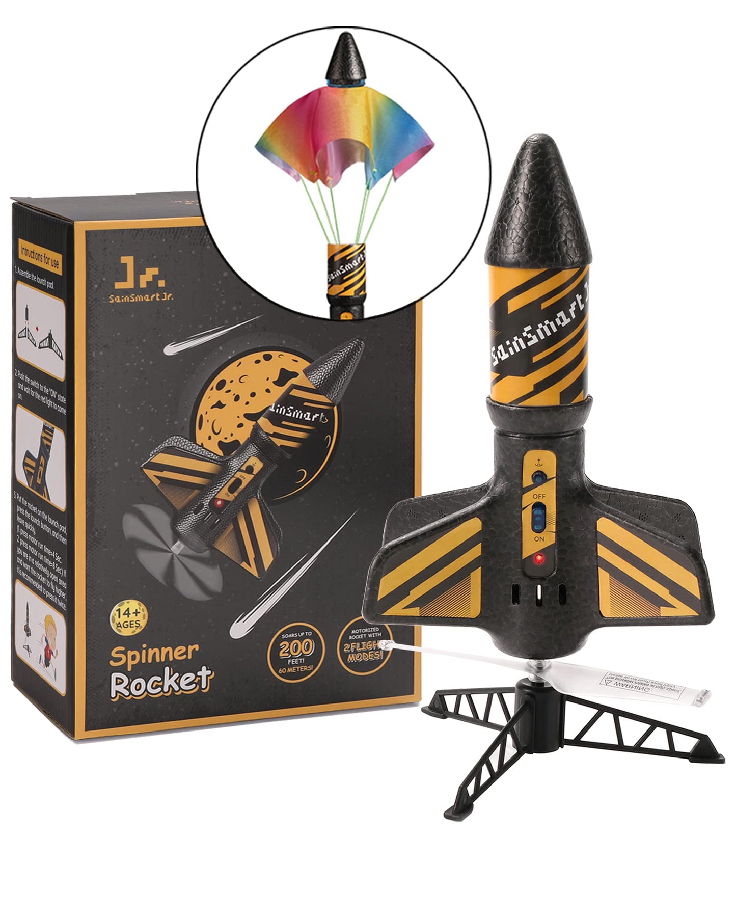 Sainsmart Jr. Rocket Launcher For Kids, 200 Feet Of Flight Altitude, Motorized Air Rocket With Parachute, Self-Launching Outdoor Toy With Safely Land, Black