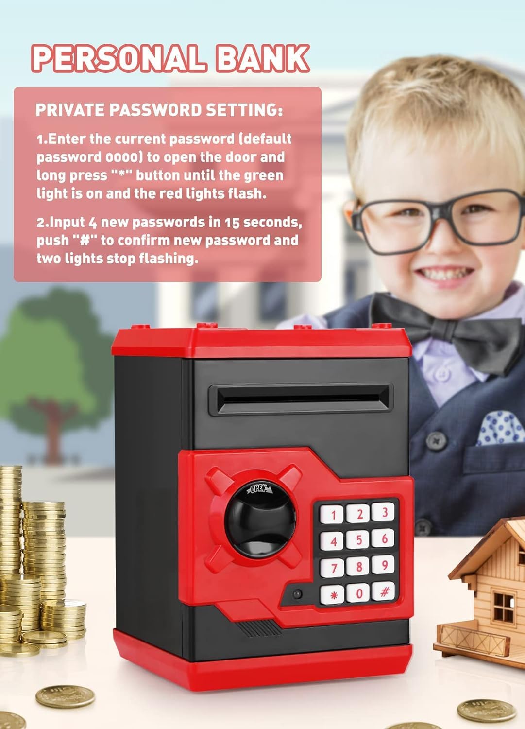 Playsheek Piggy Bank For Girls Boys Large Electronic Money Coin Banks With Password Protection, Automatic Paper Money Scroll Saving Box, Great Gift For Kids (Black-Red)