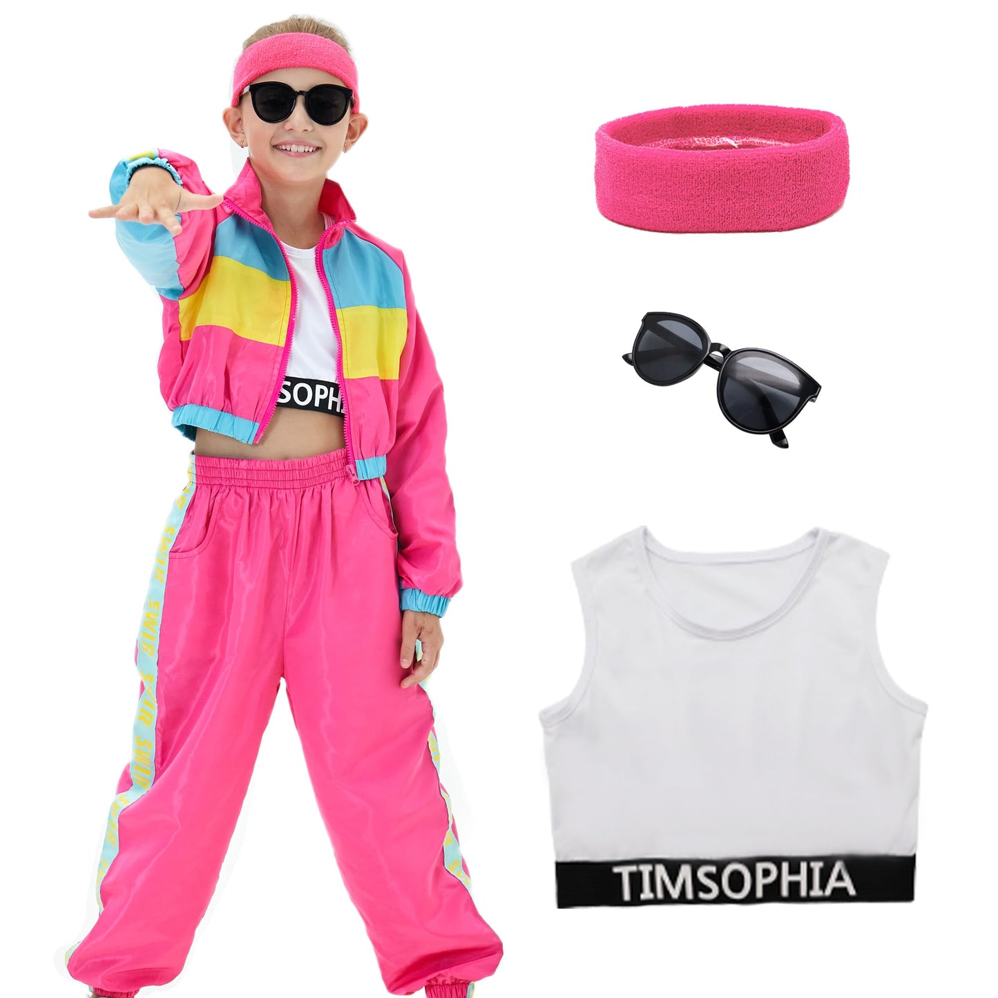 TIMSOPHIA Girls' 5 Pcs Hip Hop Dance Costume, Hot Pink (6-7 Years), Modern Jazz Team Performance Clothes