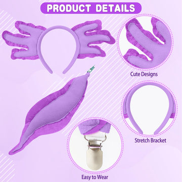 Alaxciax Axolotl Headband and Tail, Axolotl Costume Accessories Set Axolotl Gifts for Kids Girls Christmas Birthday Halloween (P