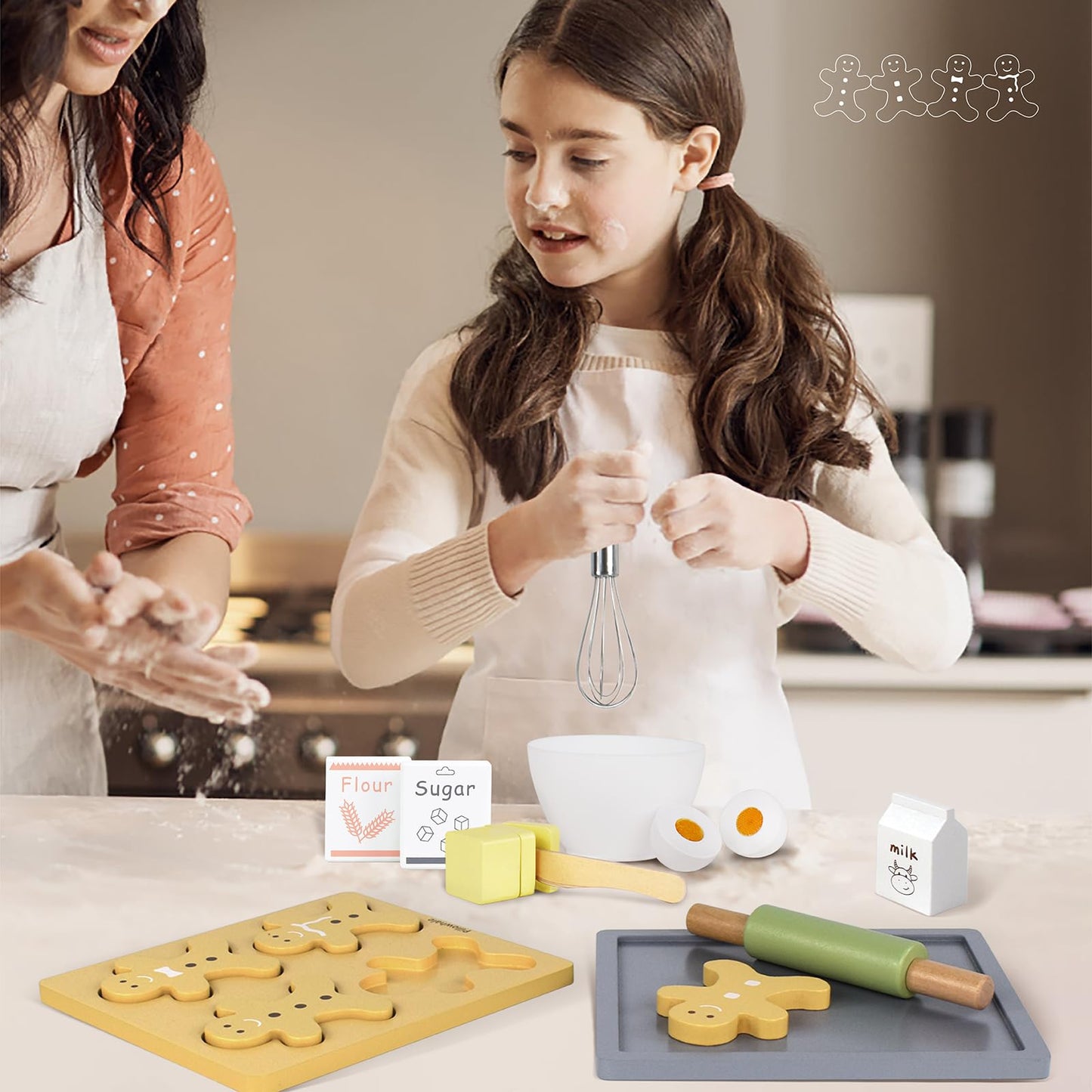 Pillowhale Wooden Toy Biscuits Baking Set,Pretend Play Food Sets for Kids Kitchen,Wooden Gingerbread Cookies Play Food Set,Play