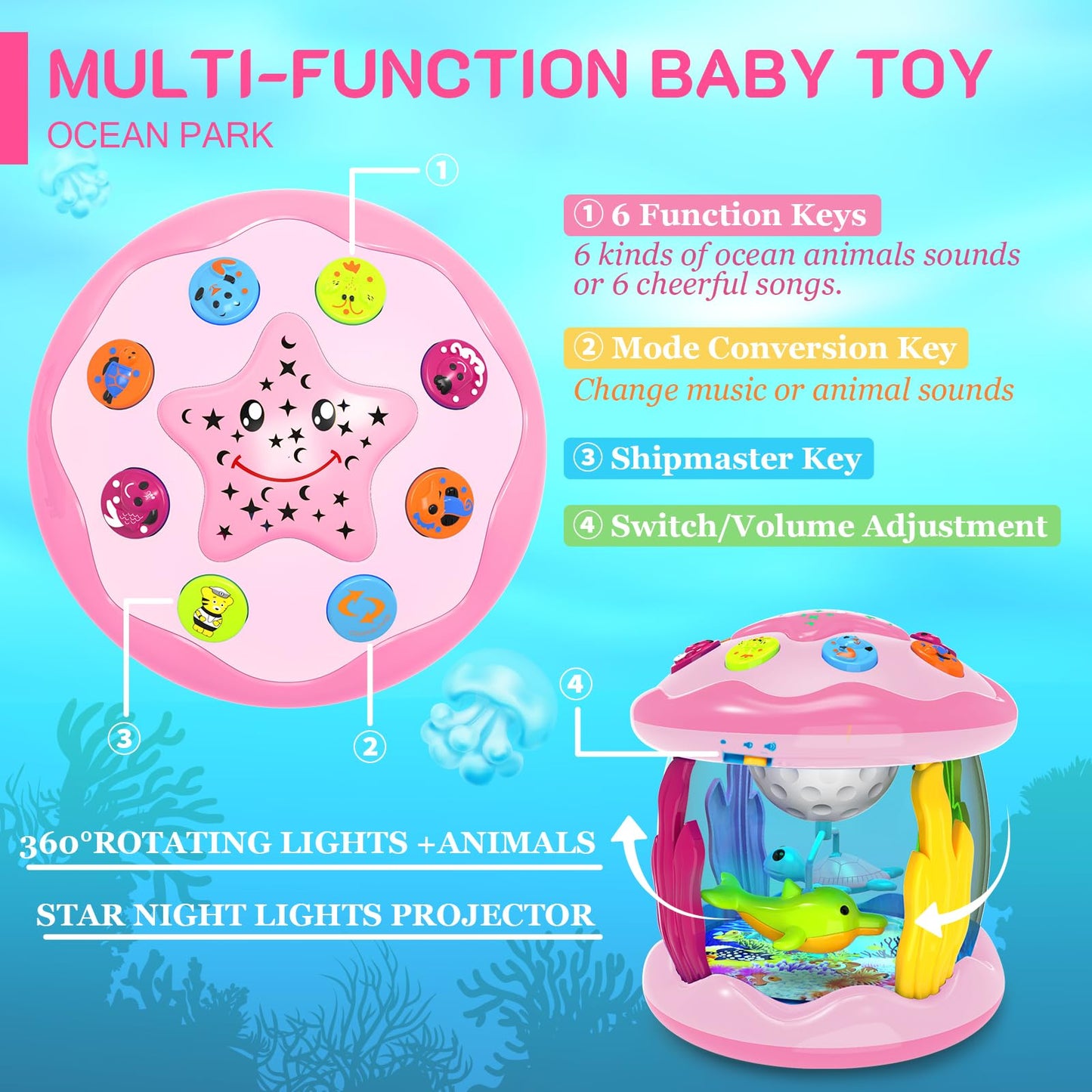 Baby Toys 6-12 Months - Musical Light Up Rotating Toys, Pink Ocean Projector For Infant 9-12-18 Month, Learning Visual & Hearing & Crawling Skill, Birthday Gifts For Toddler Boys Girls 1 2 3 Years Old
