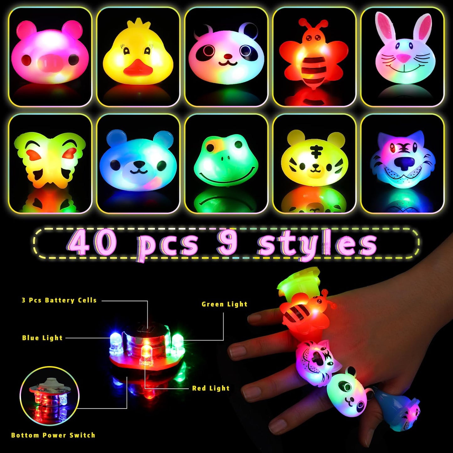 SCIONE 40 Pack Glow in the Dark Light Up Rings - Fun Birthday Party Favors, Halloween Supplies, Classroom Prizes for Kids