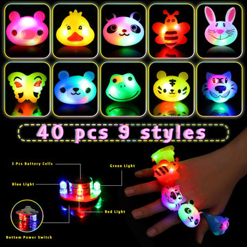 SCIONE 40 Pack Glow in the Dark Light Up Rings - Fun Birthday Party Favors, Halloween Supplies, Classroom Prizes for Kids