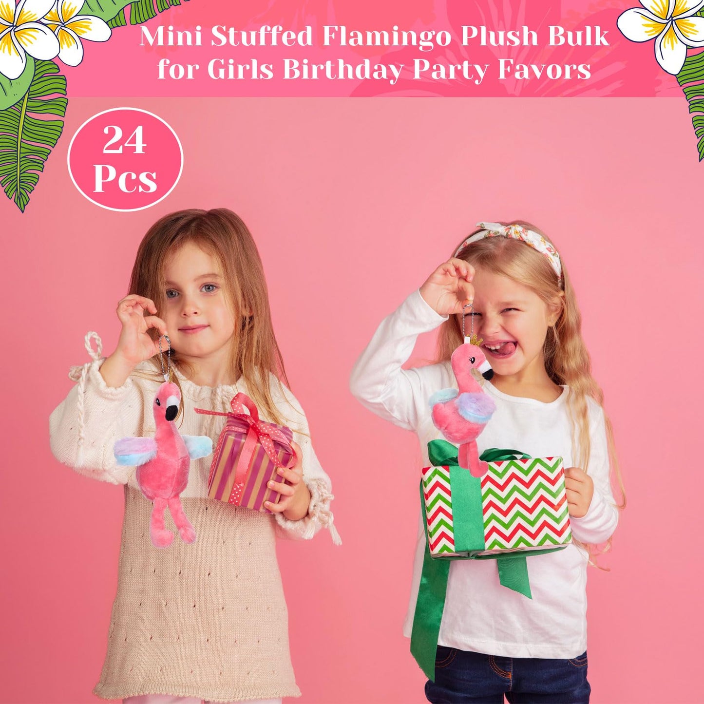 VercanMonth 24 Pcs Mini Stuffed Flamingo Plush Bulk for Girl Party Favors Birthday Flamingo Keychain with Glitter Crown Pink Stu