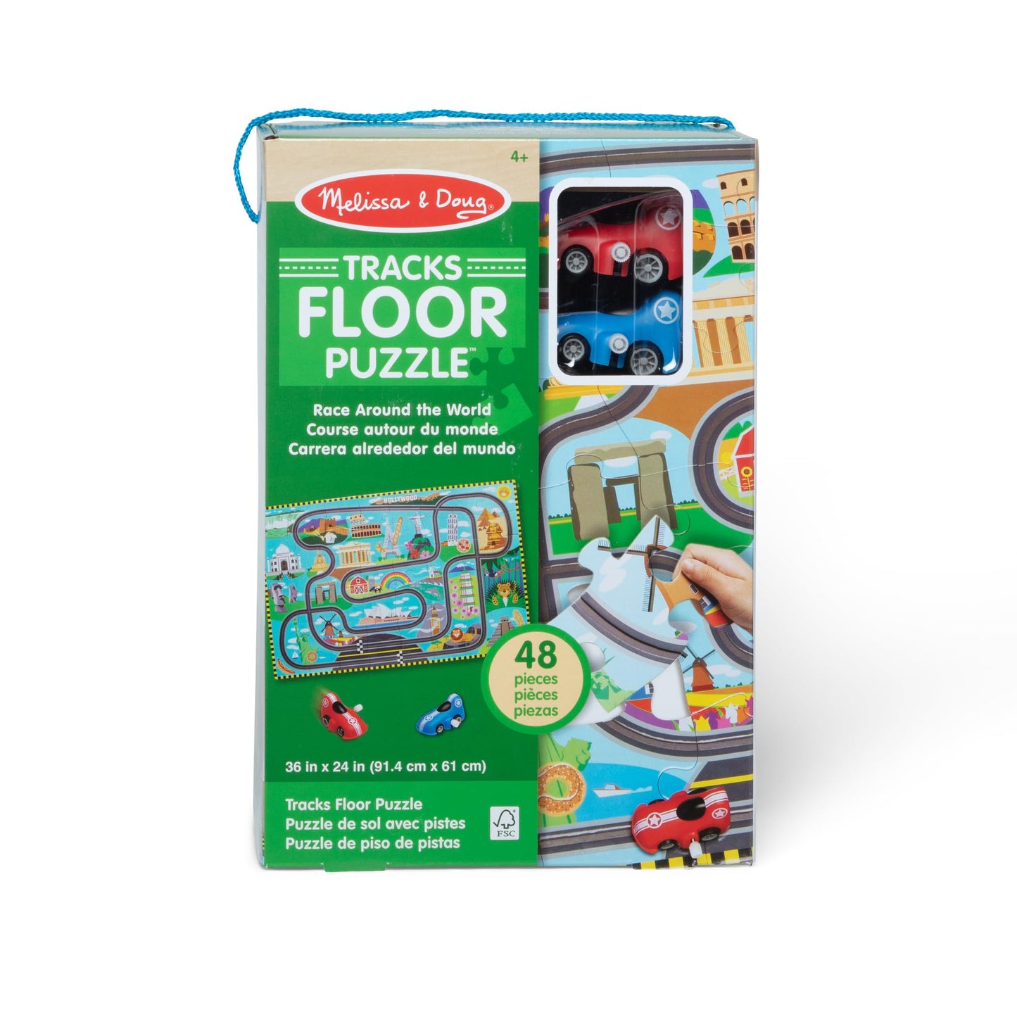 Melissa & Doug Race Around The World Tracks Cardboard Jigsaw Floor Puzzle And Wind-Up Vehicles – 48 Pieces, For Boys And Girls 4+ - Fsc Certified