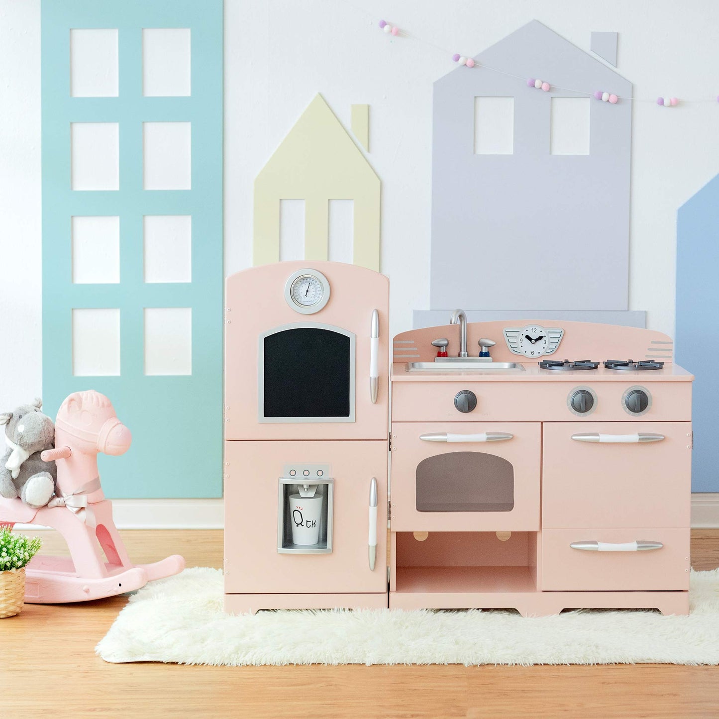 Teamson Kids - Retro Kids Toy Pretend Play Kitchen Playset with Refrigerator. Freezer. Oven and Dishwasher - Pink (2 Pcs)